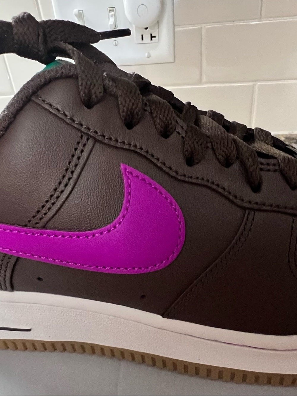 Nike Men's Air Force 1 ‘07 Brown Sneakers with Bright Purple Swoosh